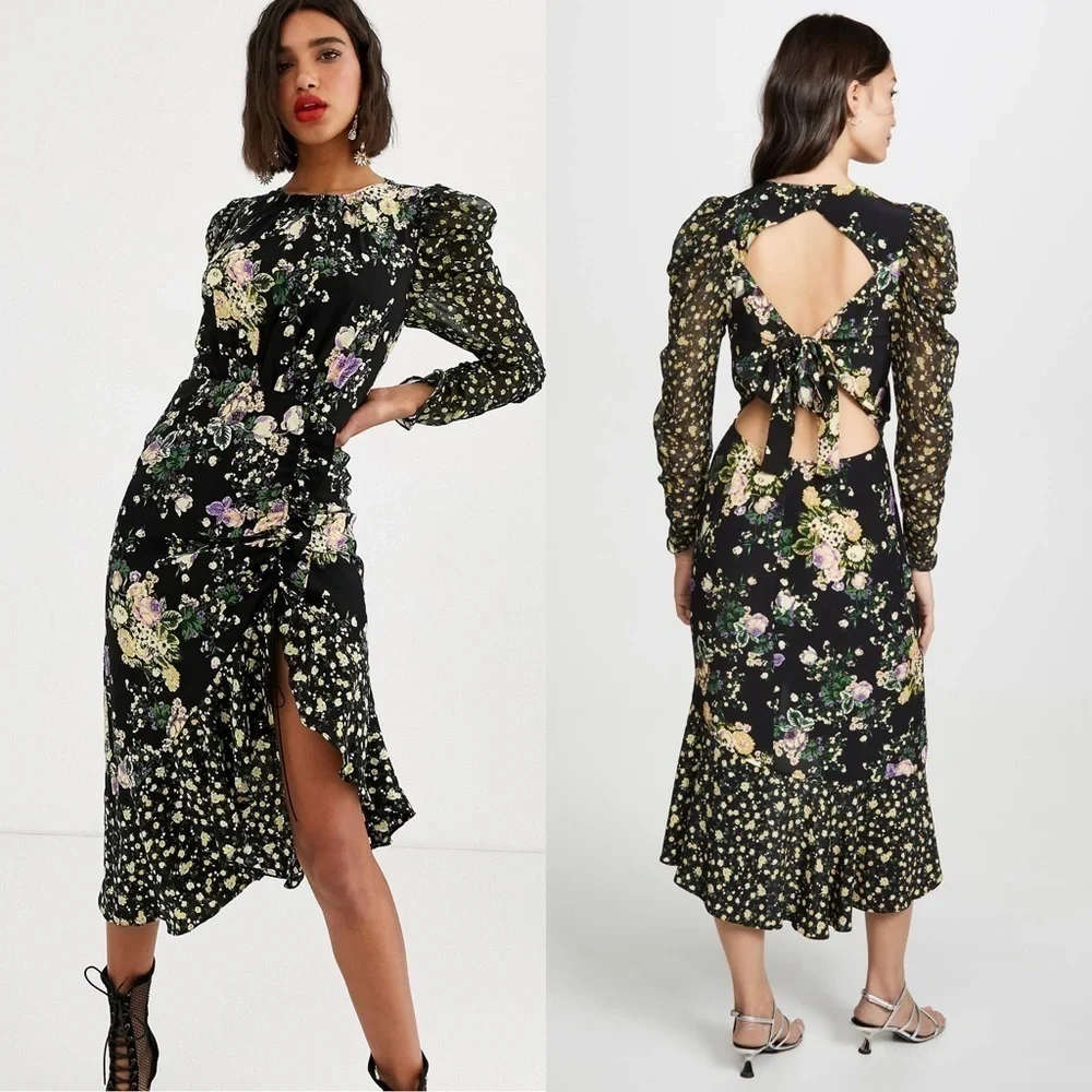FOR LOVE & LEMONS Floral Long Sleeve Cutout Tie Back Ruched Ruffle Midi Dress XS